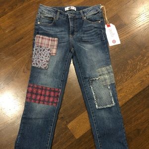 Girls size 14 straight leg jeans with “patchwork”. Medium/dark denim.